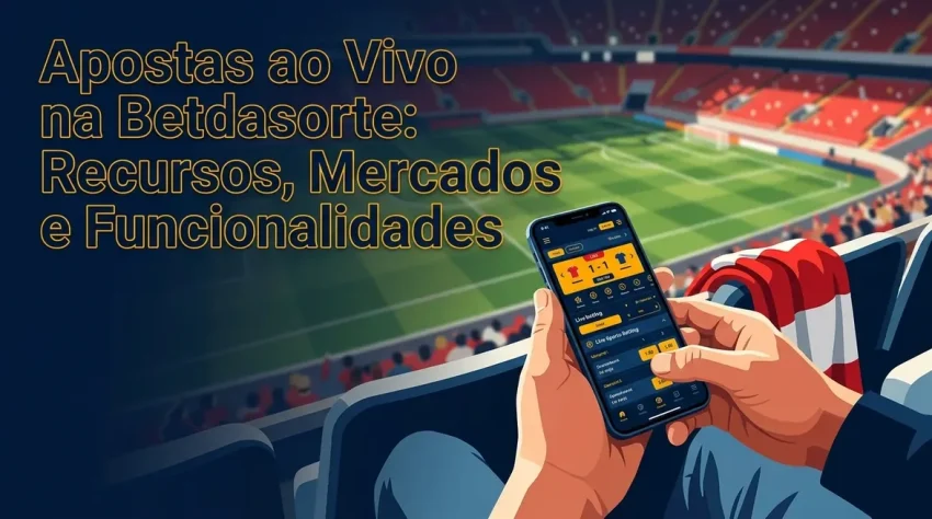 Mãos apostando em um smartphone no estádio, destacando recursos da Betdasorte.