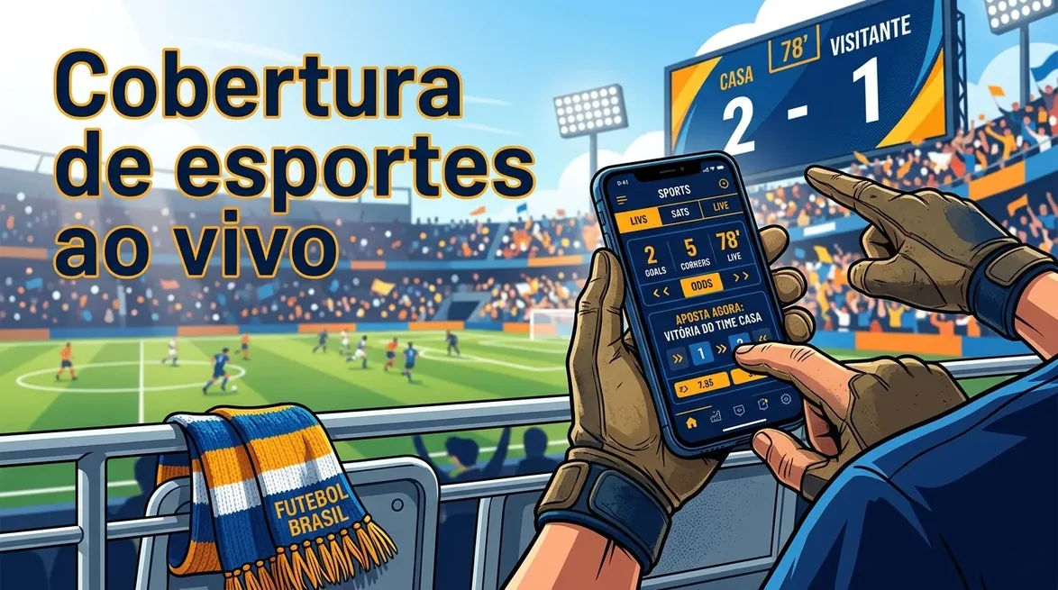 Smartphone exibindo cobertura de esportes ao vivo com estádio no fundo.