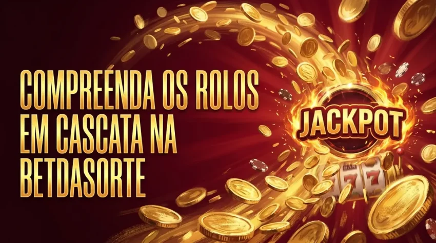 Erupção de moedas de ouro com um emblema de jackpot e o título sobre rolos em cascata.