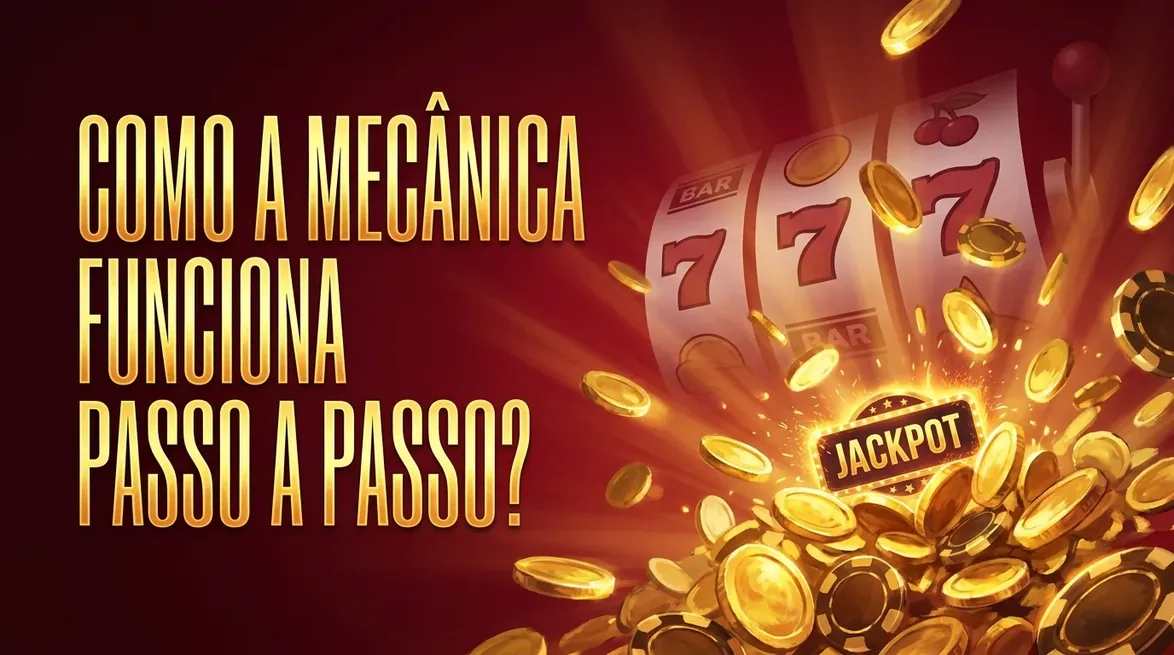 Erupção de moedas de ouro com mecânica de slots em cascata e o título sobre o funcionamento.